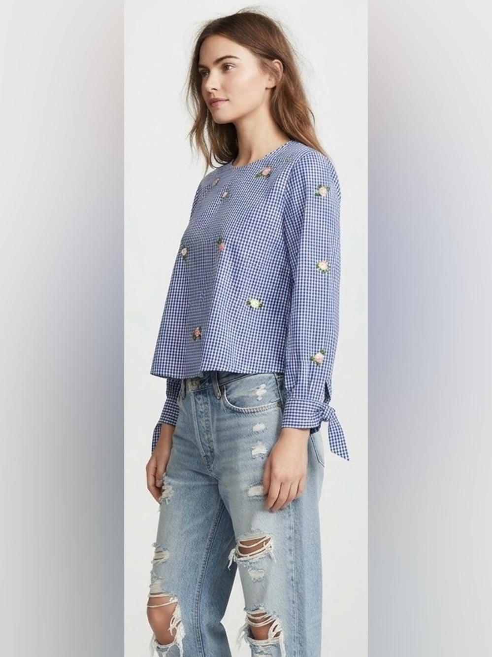 Rebellion Gingham Top w. Bow Detail & Floral Embroidery